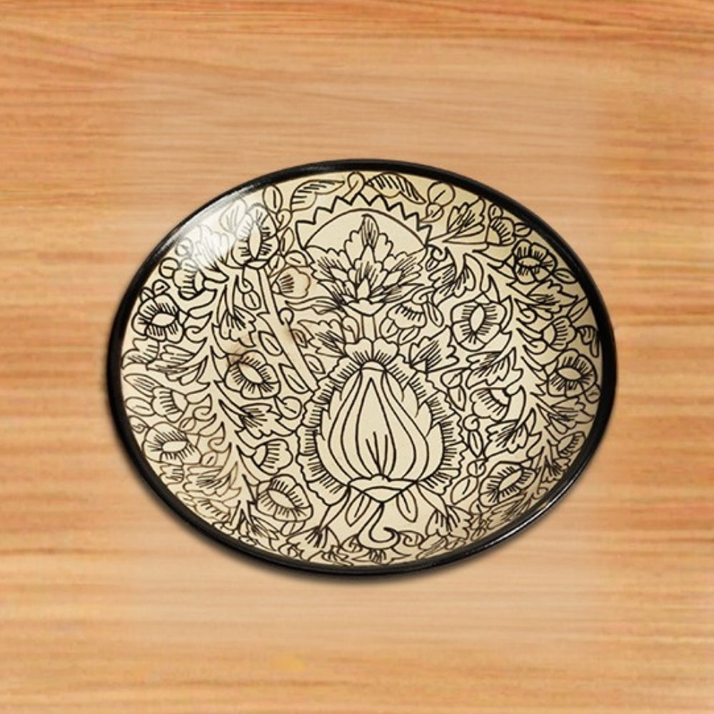 kalamkari ceramic quarter plate set of 6 round plates for serving snacks desserts with artistic floral pattern